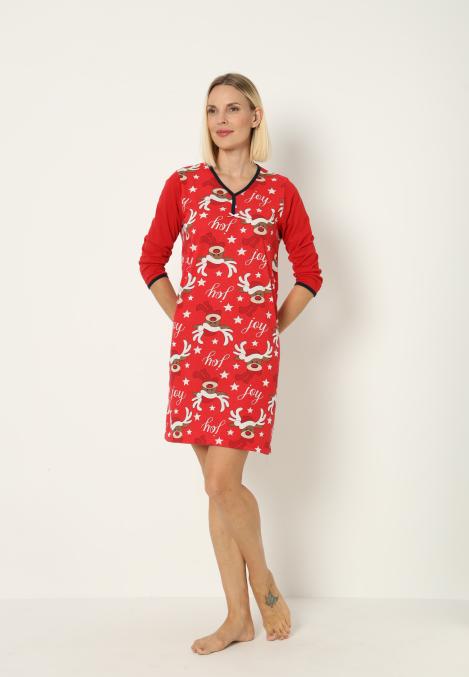 Camasa de noapte Craciun,imprimeu reni,culoare rosu ,En-gros